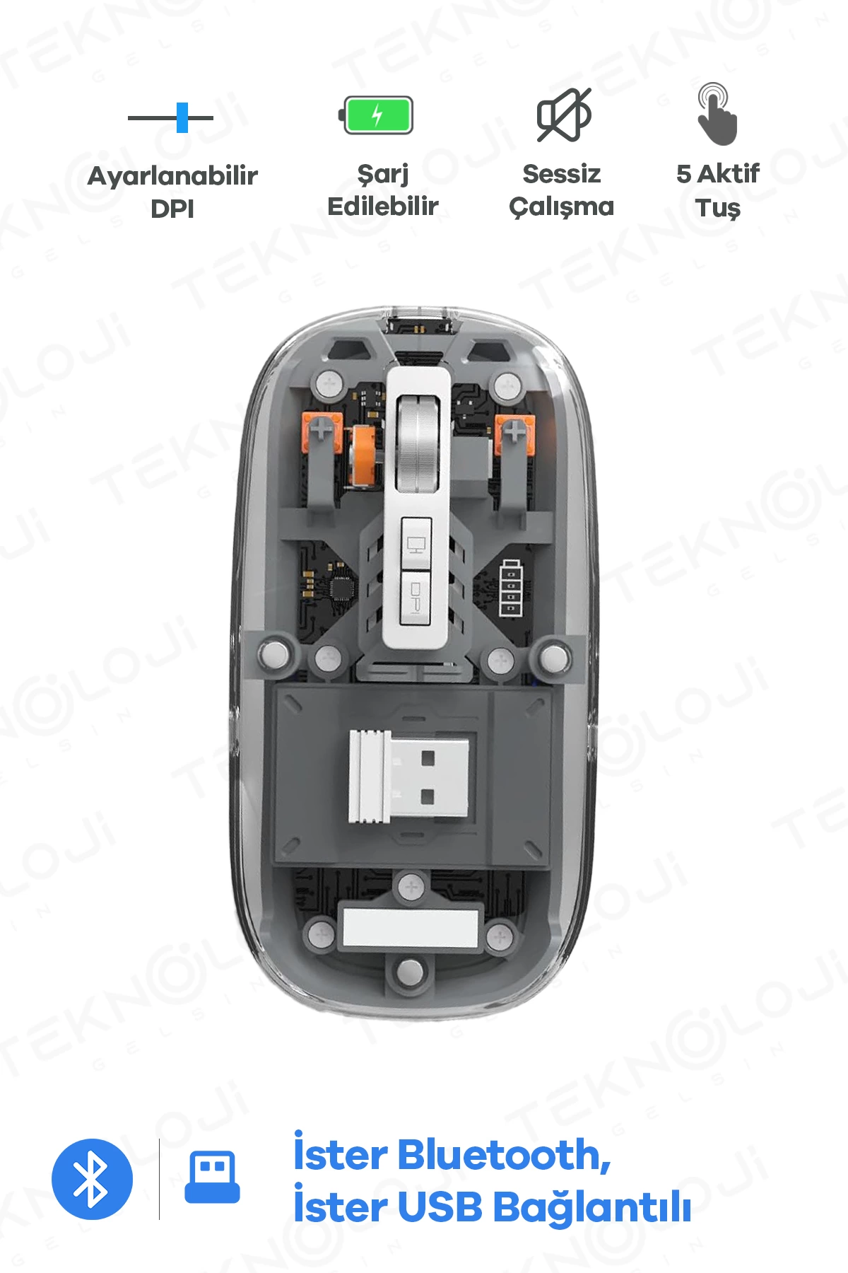Bluetooth Usb Çift Modlu Sessiz Mouse, Şeffaf Mıknatıslı Kapaklı, Type-c Şarjlı, Dpı Ayarlı, Kablosuz 10m Çekim Mesafeli, Masaüstü Kısayol Tuşlu, Taşınabilir Şarjlı Mouse Siyah ( Lisinya )