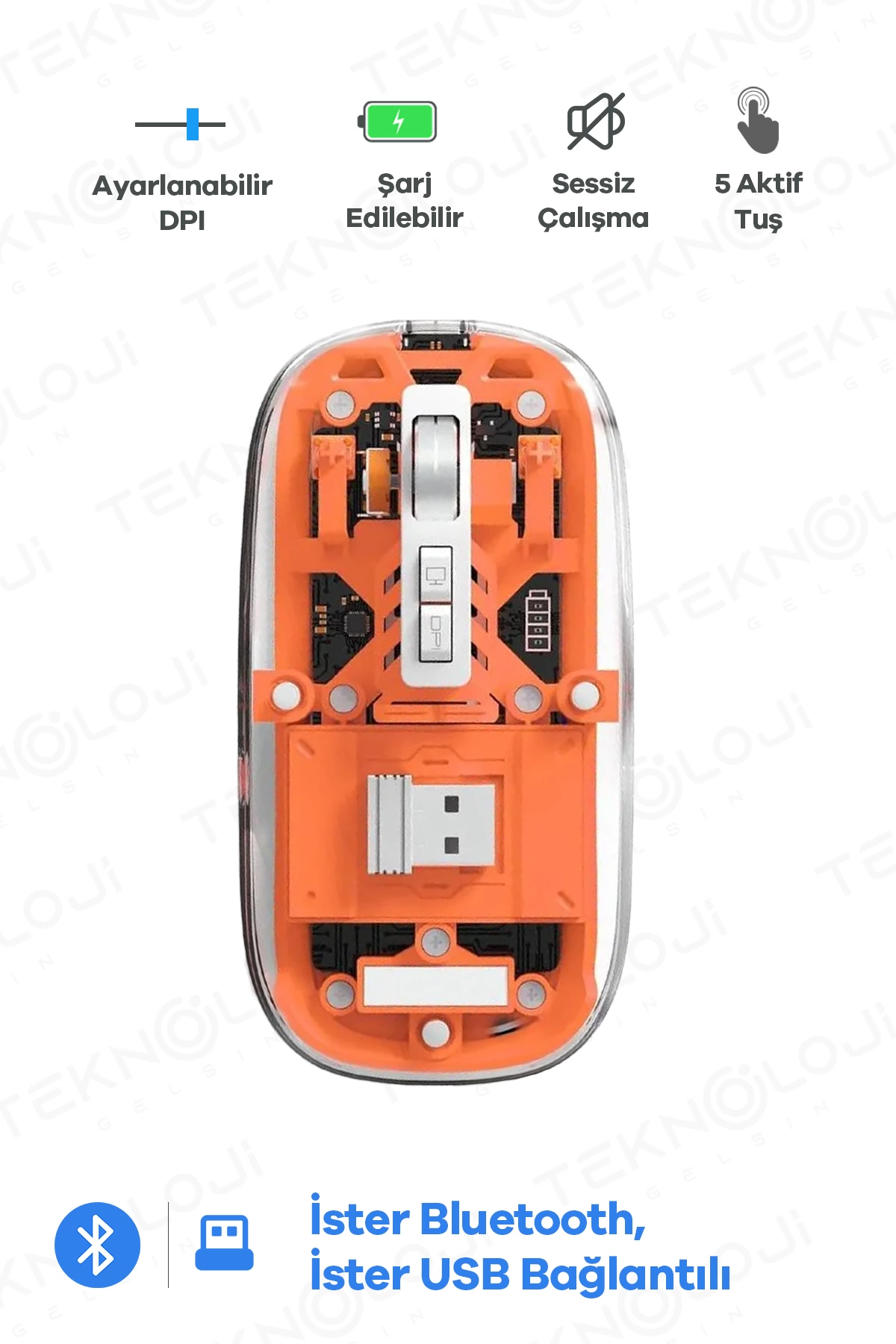 Bluetooth Usb Çift Modlu Sessiz Mouse, Şeffaf Mıknatıslı Kapaklı, Type-c Şarjlı, Dpı Ayarlı, Kablosuz 10m Çekim Mesafeli, Masaüstü Kısayol Tuşlu, Taşınabilir Şarjlı Mouse Turuncu ( Lisinya )