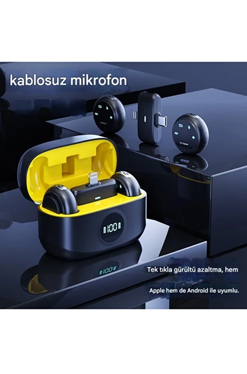 Kablosuz Profesyonel İkili Yayın Yaka Mikrofonu Şarj Kutu Mıknatıslı Typce Lightning Çıkış Mikrofon ( Lisinya )