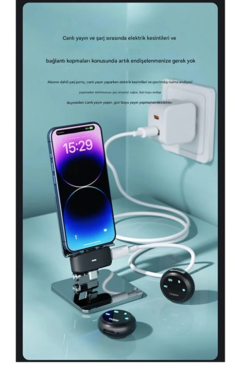 Kablosuz Profesyonel İkili Yayın Yaka Mikrofonu Şarj Kutu Mıknatıslı Typce Lightning Çıkış Mikrofon ( Lisinya )