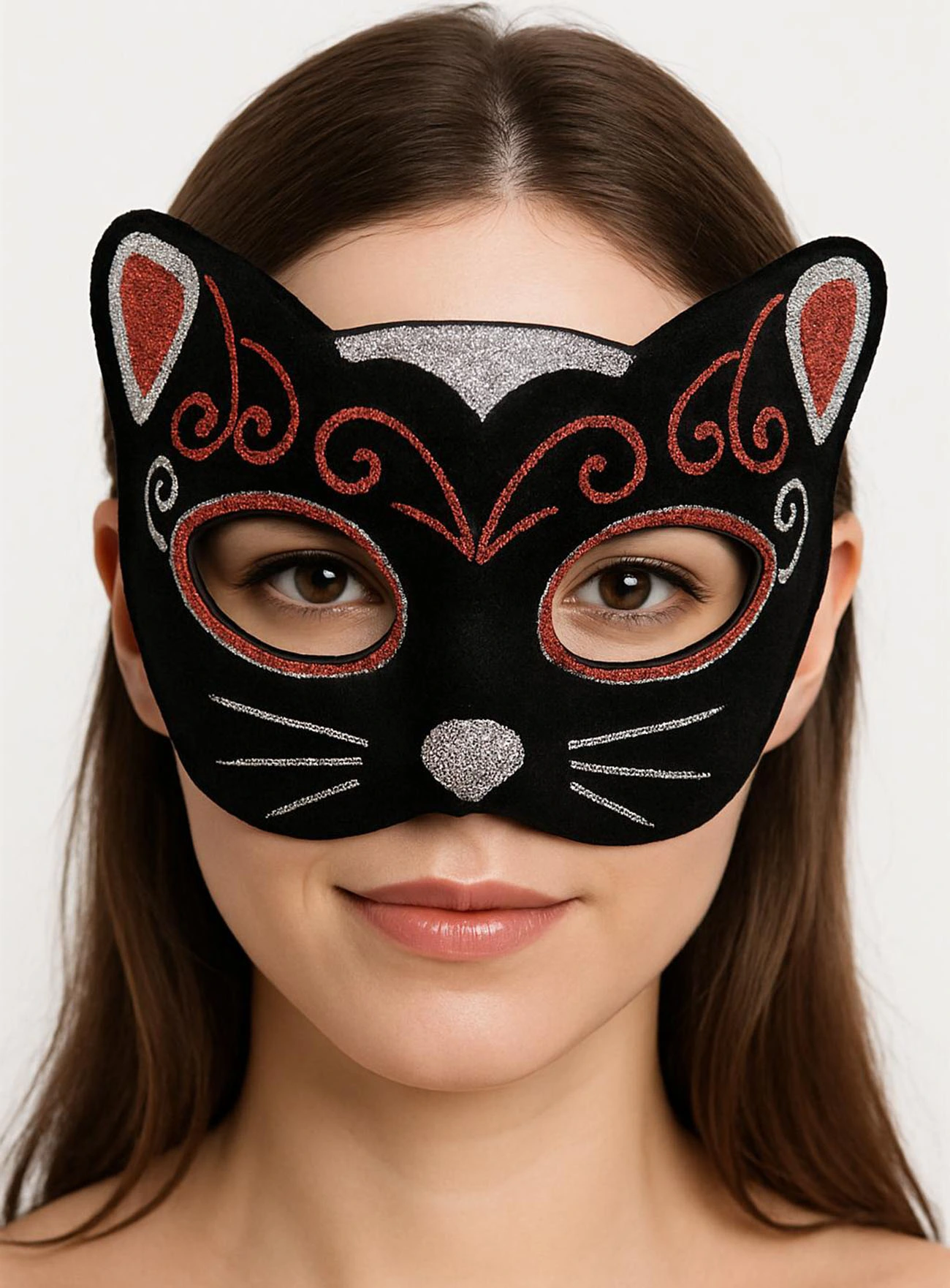 Kadife Dokulu Simli Kedi Maskesi Kırmızı Gümüş Detaylı ( Lisinya )