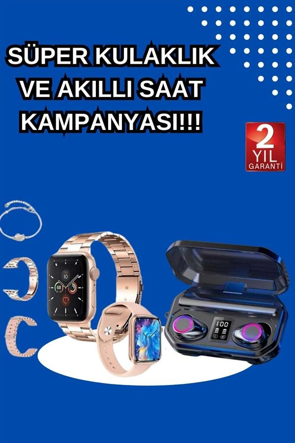 Kadınlar İçin 3 Kordonlu Akıllı Saat Ve Dijital Göstergeli Powerbankli Bluetooth Kulaklık Dokunmatik Kontrol ( Lisinya )