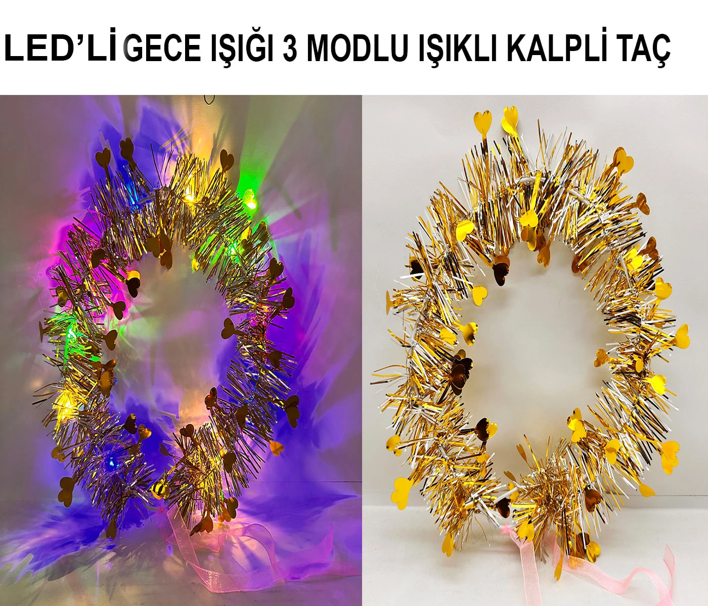 Kalp Püsküllü 3 Modlu Led Işıklı Taç Altın Renk ( Lisinya ) Kalp Püsküllü 3 Modlu Led Işıklı Taç Altın Renk ( Lisinya )