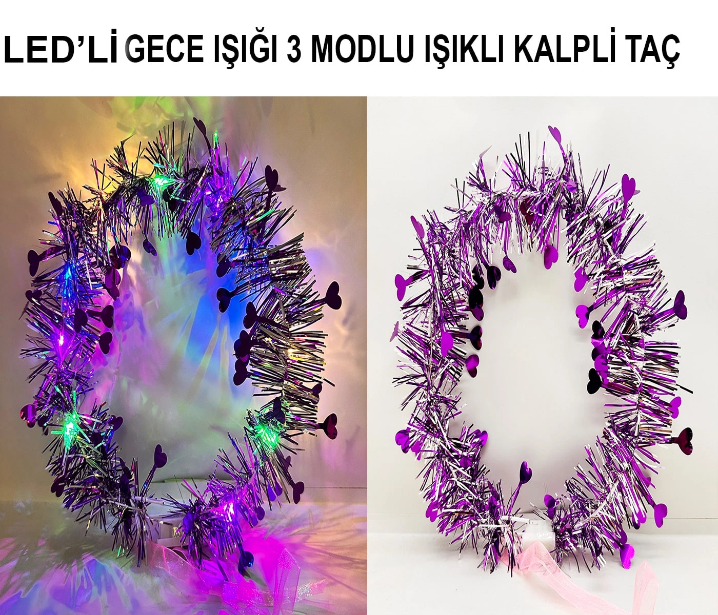 Kalp Püsküllü 3 Modlu Led Işıklı Taç Mor Renk ( Lisinya ) Kalp Püsküllü 3 Modlu Led Işıklı Taç Mor Renk ( Lisinya )