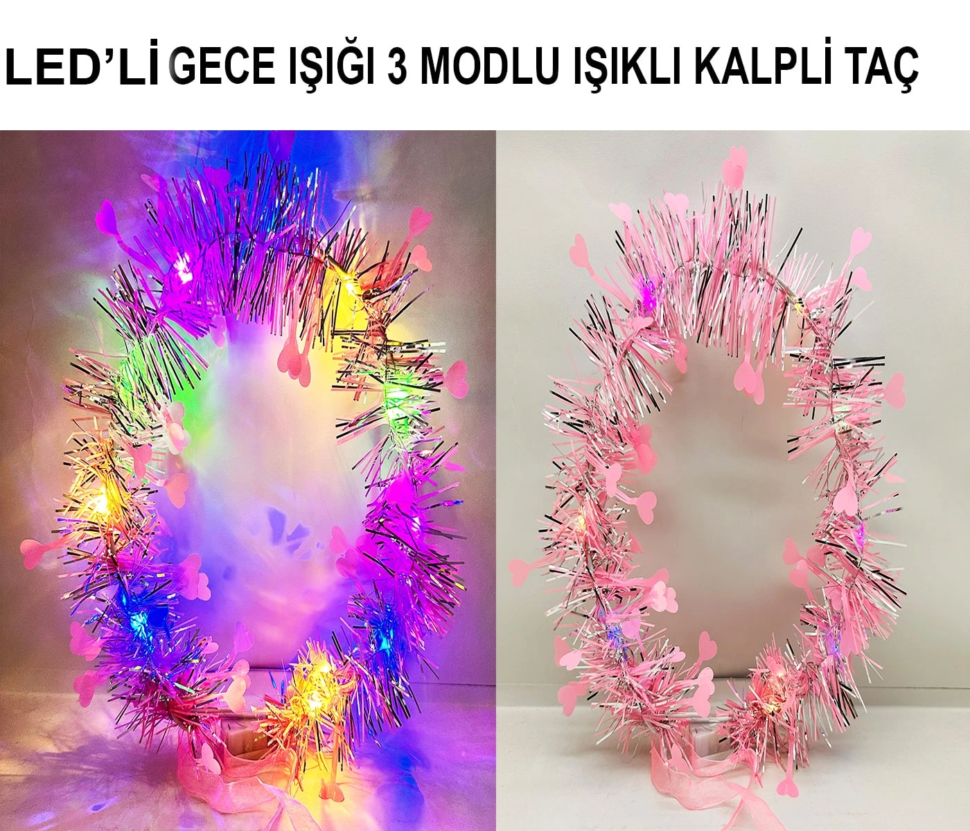 Kalp Püsküllü 3 Modlu Led Işıklı Taç Pembe Renk ( Lisinya ) Kalp Püsküllü 3 Modlu Led Işıklı Taç Pembe Renk ( Lisinya )