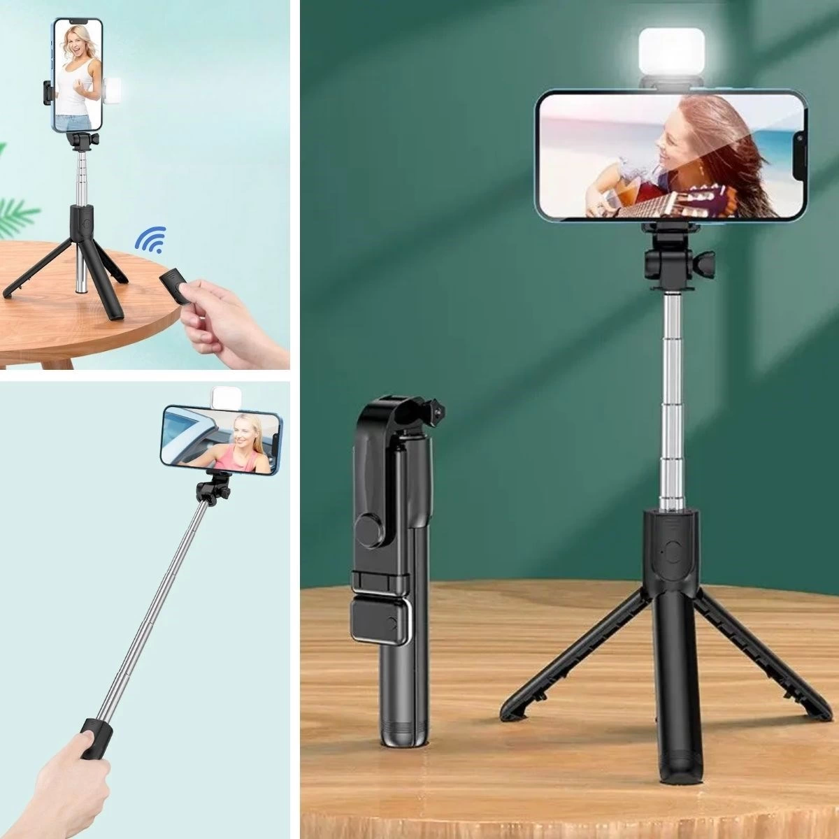 Kendiliğinden Işıklı Masaüstü Tripod Olabilen Telefon Tutuculu Kablosuz Kumandalı Selfie Çubuğu ( Lisinya ) Kendiliğinden Işıklı Masaüstü Tripod Olabilen Telefon Tutuculu Kablosuz Kumandalı Selfie Çubuğu ( Lisinya )