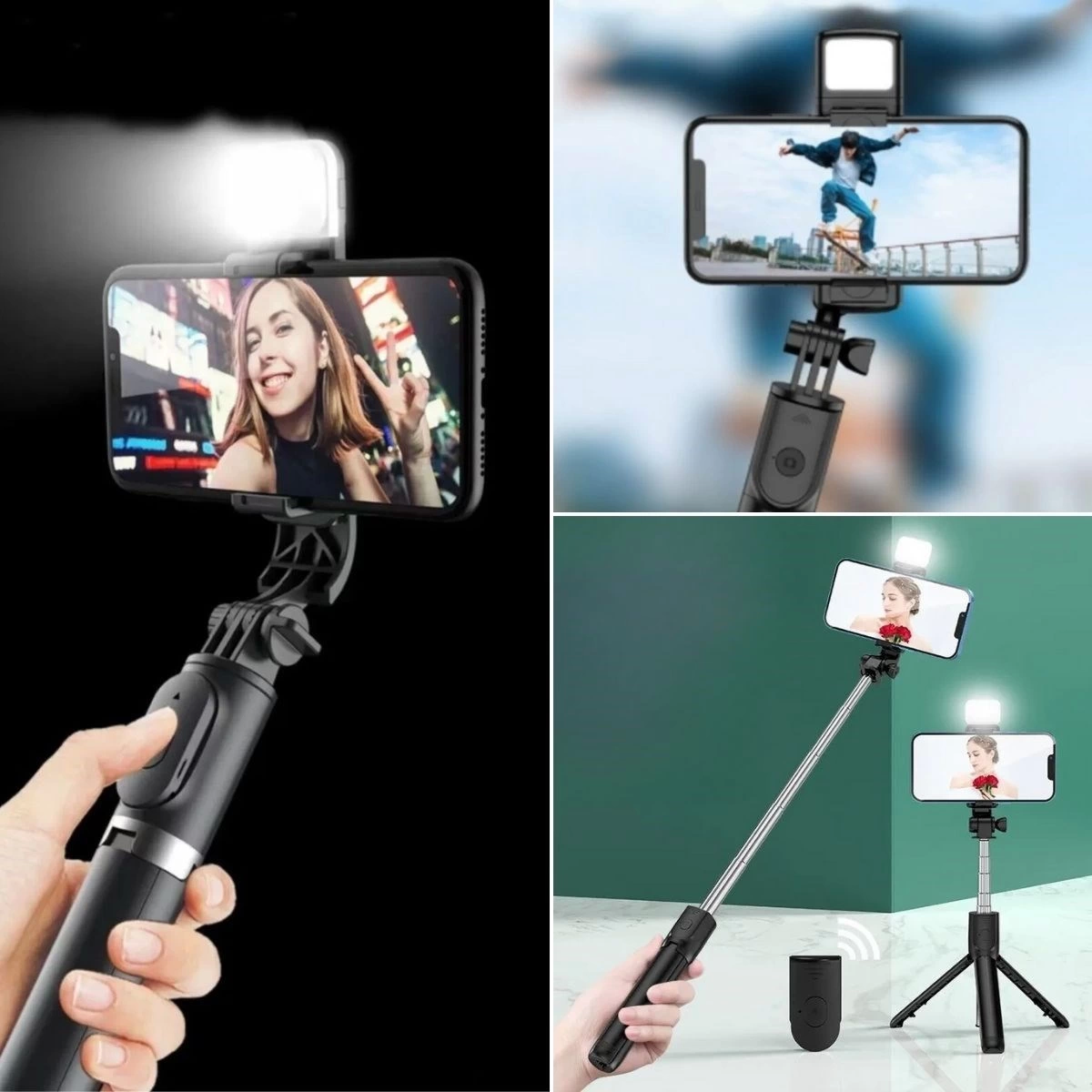 Kendiliğinden Işıklı Masaüstü Tripod Olabilen Telefon Tutuculu Kablosuz Kumandalı Selfie Çubuğu ( Lisinya ) Kendiliğinden Işıklı Masaüstü Tripod Olabilen Telefon Tutuculu Kablosuz Kumandalı Selfie Çubuğu ( Lisinya )