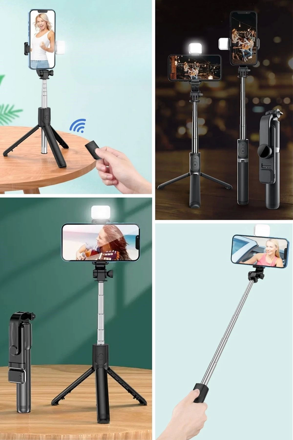 Kendiliğinden Işıklı Masaüstü Tripod Olabilen Telefon Tutuculu Kablosuz Kumandalı Selfie Çubuğu ( Lisinya ) Kendiliğinden Işıklı Masaüstü Tripod Olabilen Telefon Tutuculu Kablosuz Kumandalı Selfie Çubuğu ( Lisinya )