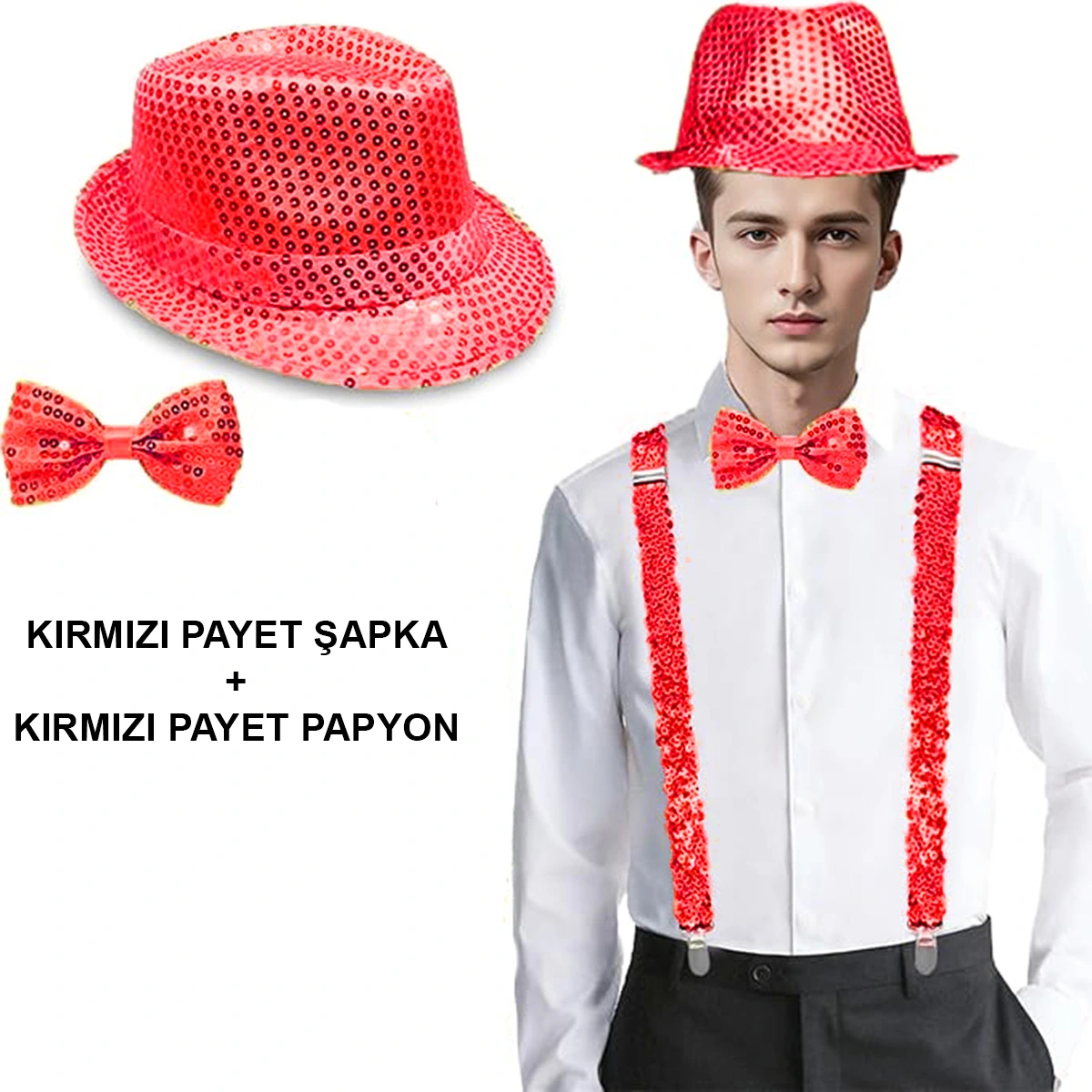 Kırmızı Payetli Şapka Ve Papyon Seti – Parıltılı Yetişkin Kostüm Seti ( Lisinya ) Kırmızı Payetli Şapka Ve Papyon Seti – Parıltılı Yetişkin Kostüm Seti ( Lisinya )
