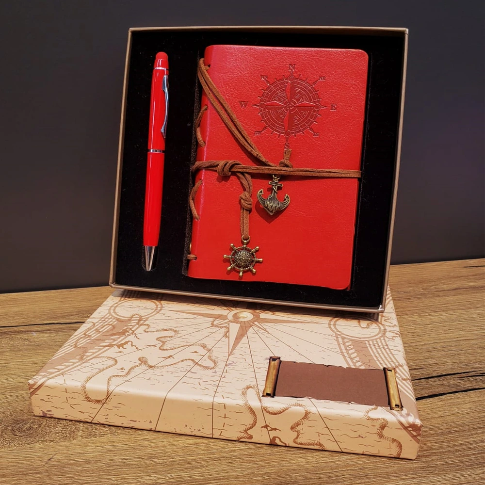 Kırmızı Pusula Tasarım Deri Defter Ve Touchpen Kalem Seti ( Lisinya )