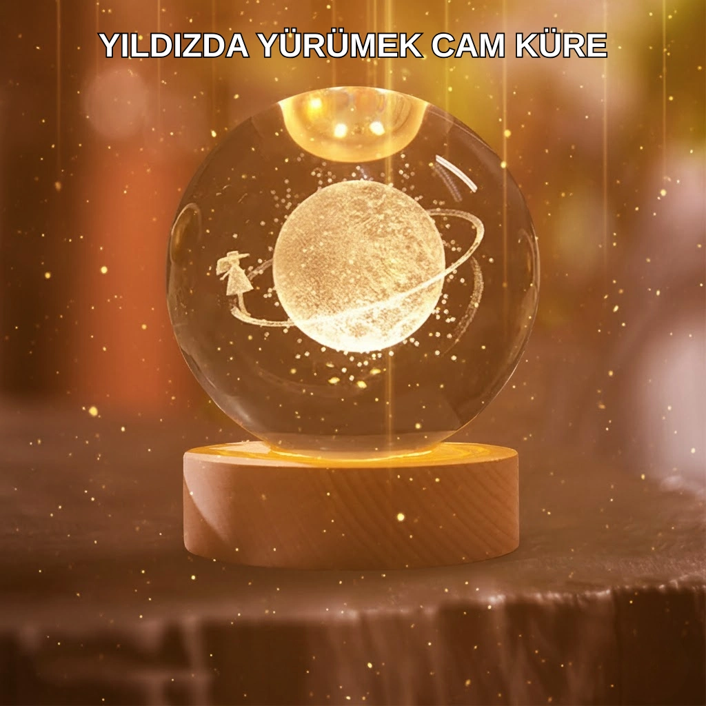 Kız Figürlü Sarı Cam Küre Işıklı Büyük Boy Ahşap Standlı Dekor ( Lisinya )