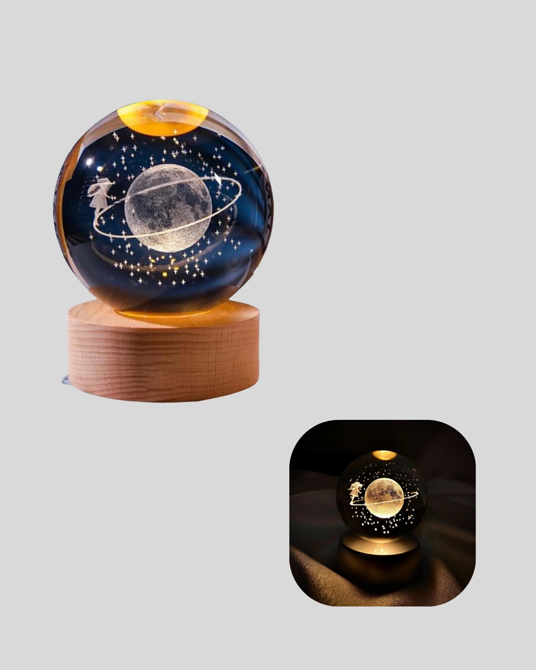 Kız Figürlü Sarı Cam Küre Işıklı Büyük Boy Ahşap Standlı Dekor ( Lisinya )