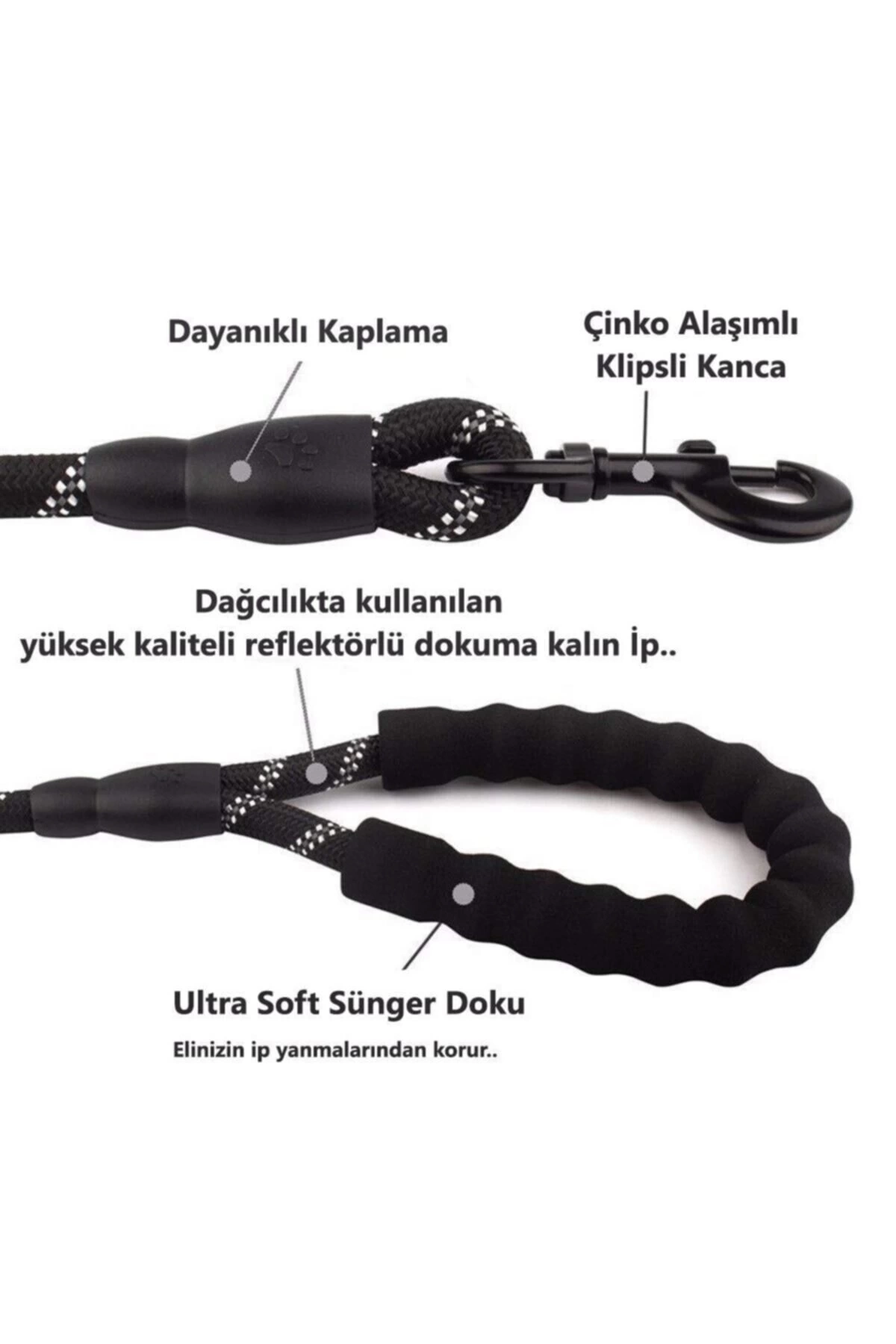 Köpekler İçin Gezdirme Tasması Reflektörlü 130 Cm Halat Orta Ve Büyük Boy Köpekler İçin Siyah ( Lisinya )