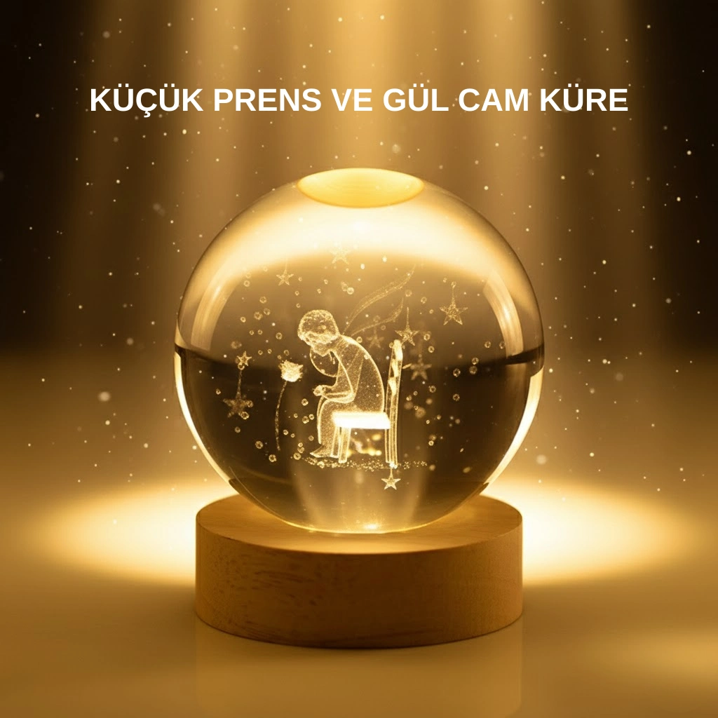 Küçük Prens Cam Küre Usb Işıklı Ahşap Standlı Büyük Boy ( Lisinya )
