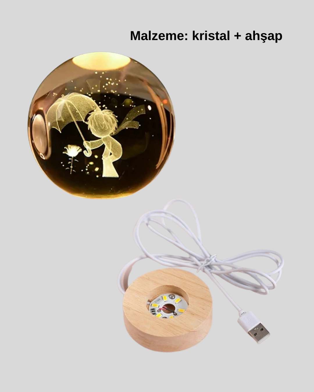 Küçük Prens Figürlü 3d Kristal Top Sıcak Işıklı Usb Ahşap Tabanlı Dekor Lamba ( Lisinya )