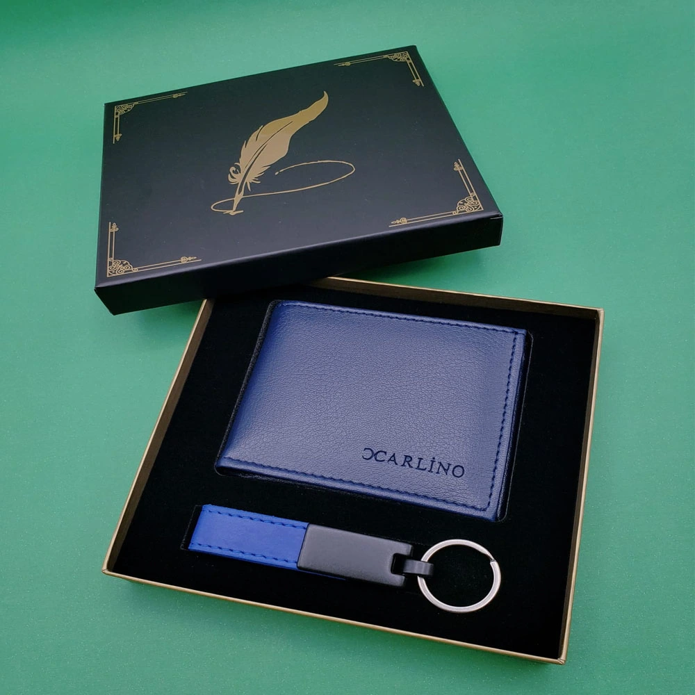 Kutulu Mavi Deri Cüzdan Ve Anahtarlık Seti ( Lisinya )