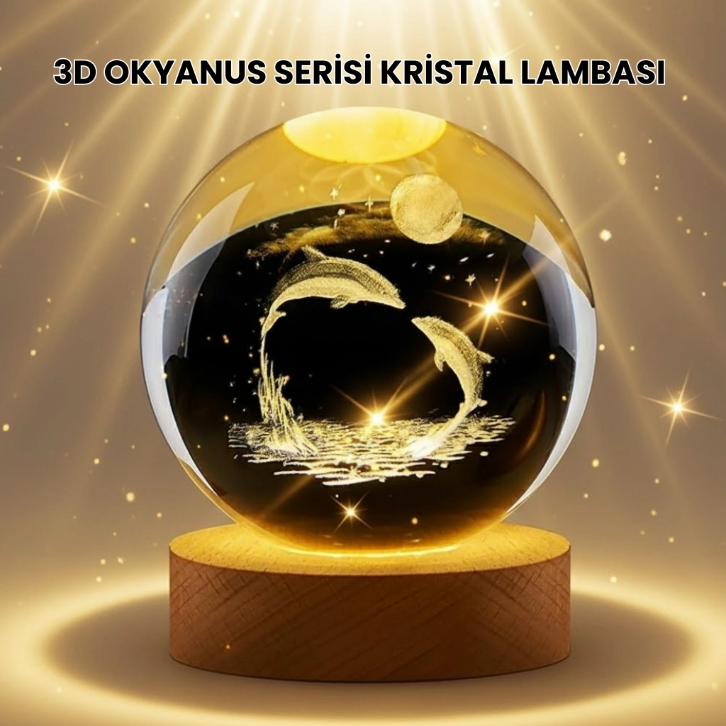 Lazer İşlemeli Yunus Kristal Küre Sıcak Işıklı Ahşap Standlı ( Lisinya )