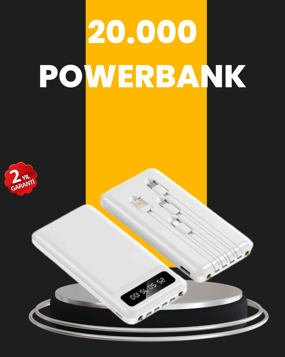 Led Işıklı 20.000mah Powerbank Lcd Gösterge Dahili Çoklu Kablo ( Lisinya )