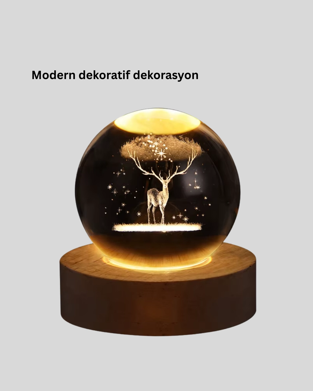 Led Işıklı Geyikli Kristal Küre Ahşap Standlı Modern Dekor Lamba ( Lisinya )