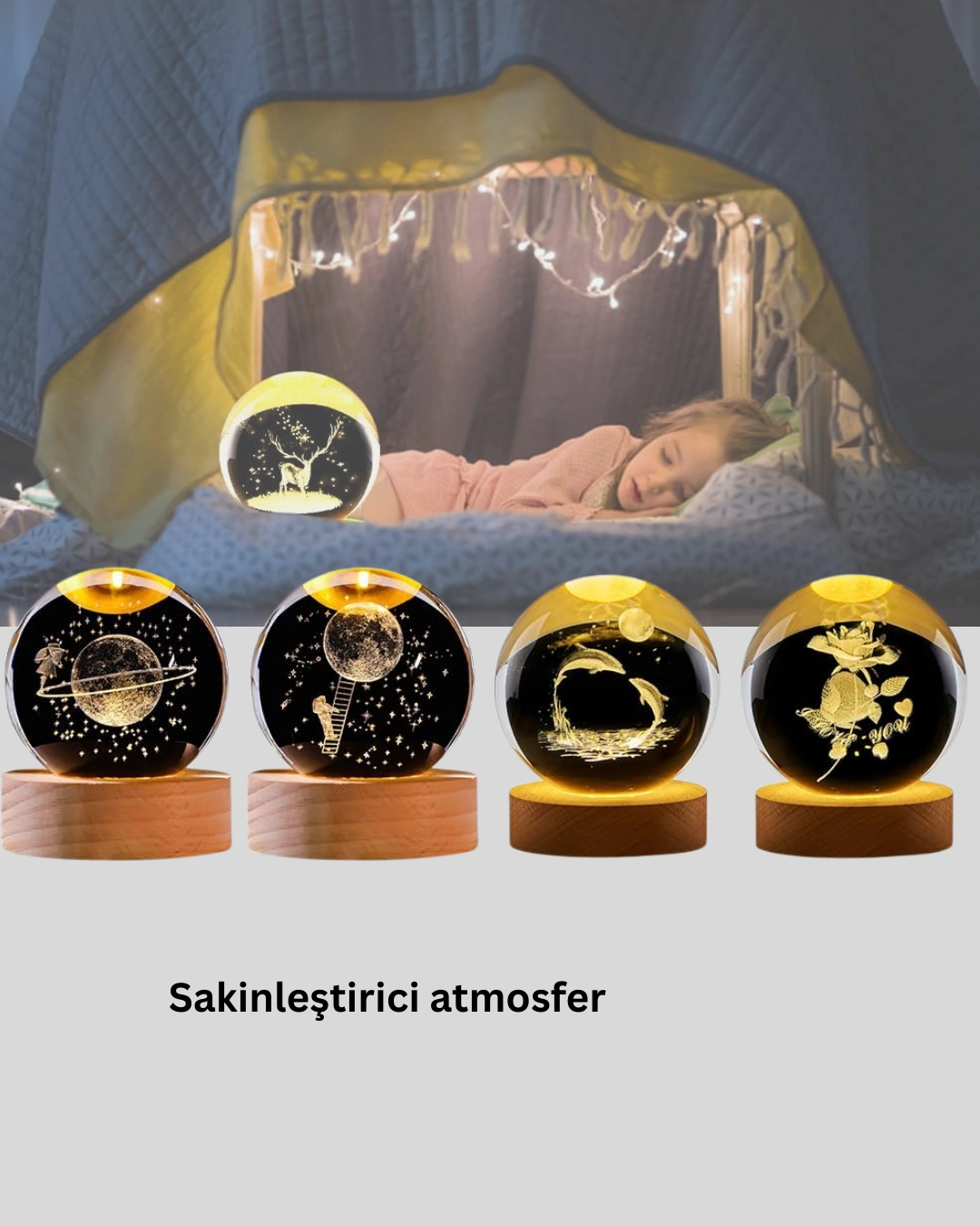 Led Işıklı Geyikli Kristal Küre Ahşap Standlı Modern Dekor Lamba ( Lisinya )