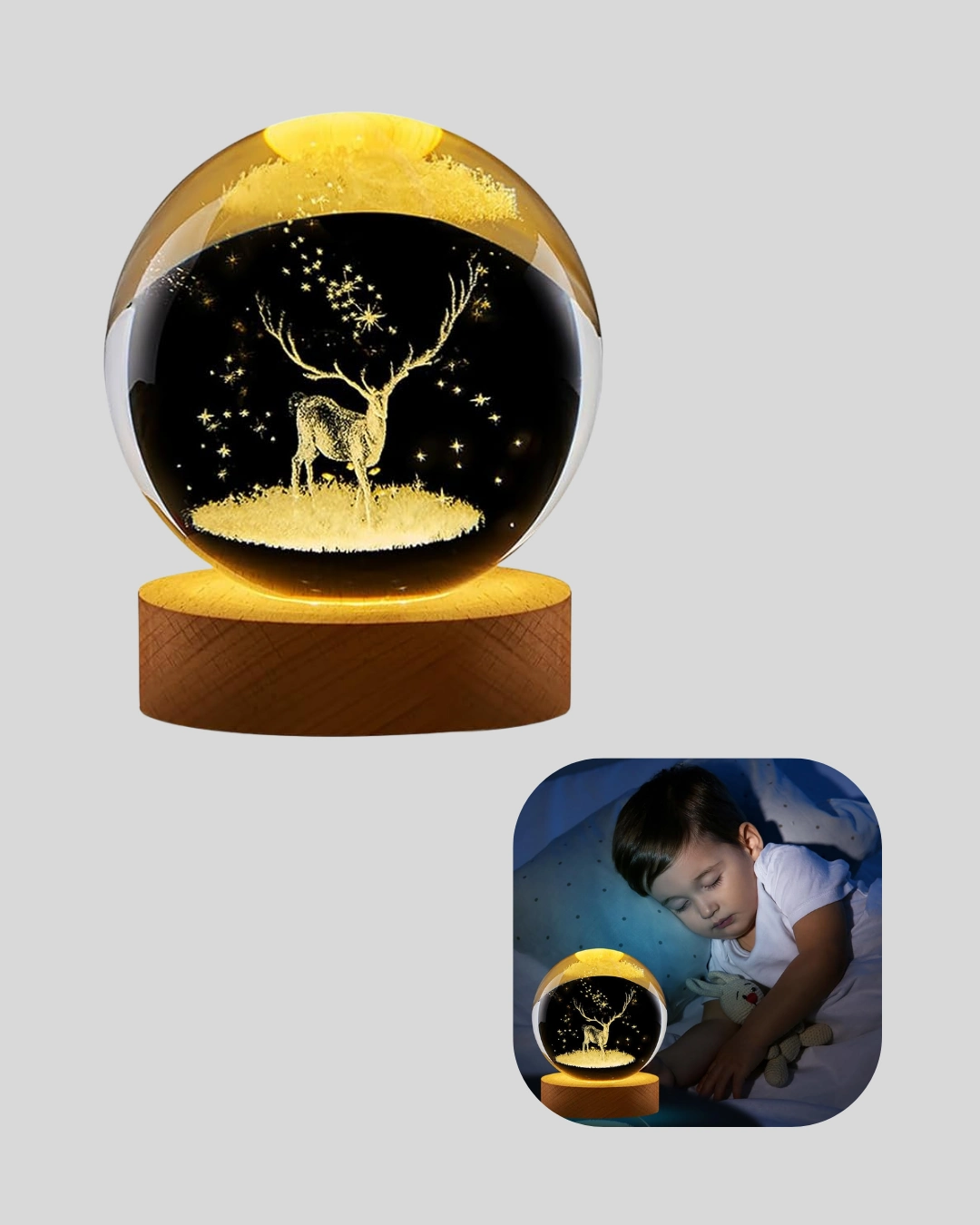Led Işıklı Geyikli Kristal Küre Ahşap Standlı Modern Dekor Lamba ( Lisinya )