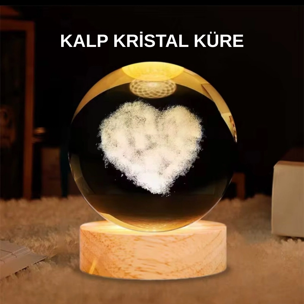 Led Işıklı Kalp Desenli Cam Küre Büyük Boy Ahşap Tabanlı ( Lisinya )