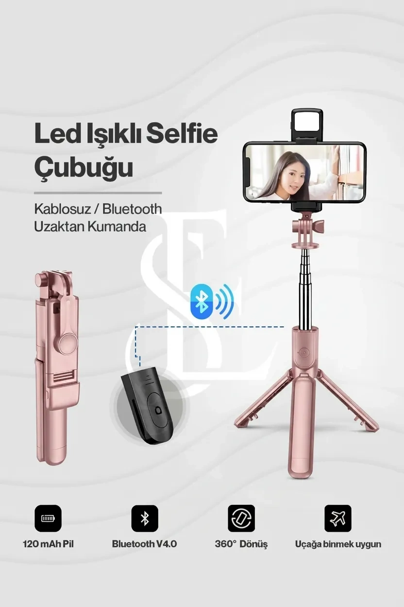 Led Işıklı Selfie Çubuğu Bluetooth Kumandalı Kablosuz Tripot Selfie Monopod Selfie Stick (Pembe) ( Lisinya )