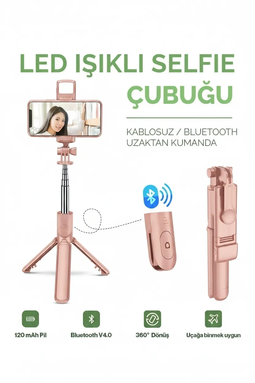 Led Işıklı Selfie Çubuğu Bluetooth Kumandalı Kablosuz Tripot Selfie Monopod Selfie Stick (Pembe) ( Lisinya )