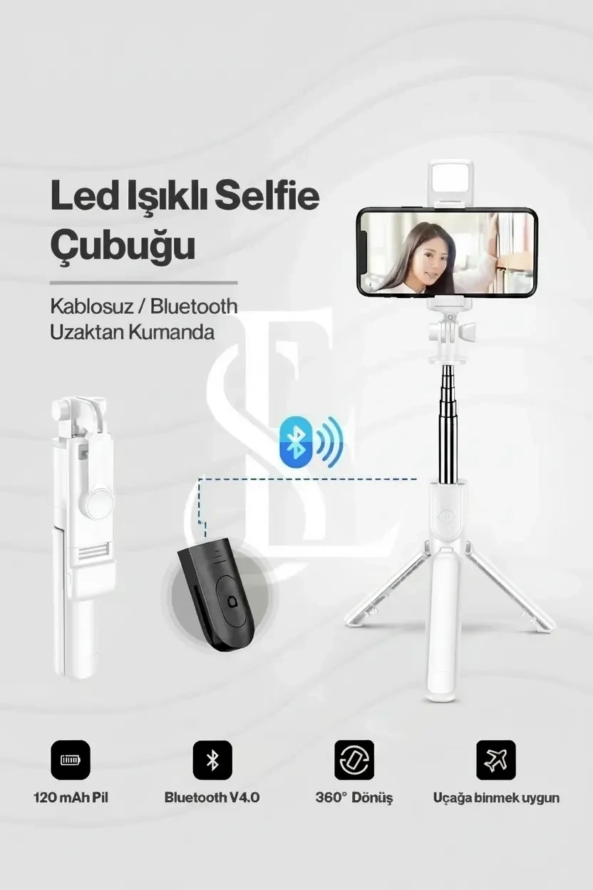 Led Işıklı Selfie Çubuğu Bluetooth Kumandalı Kablosuz Tripot Selfie Monopod Selfie Stick (Beyaz) ( Lisinya )