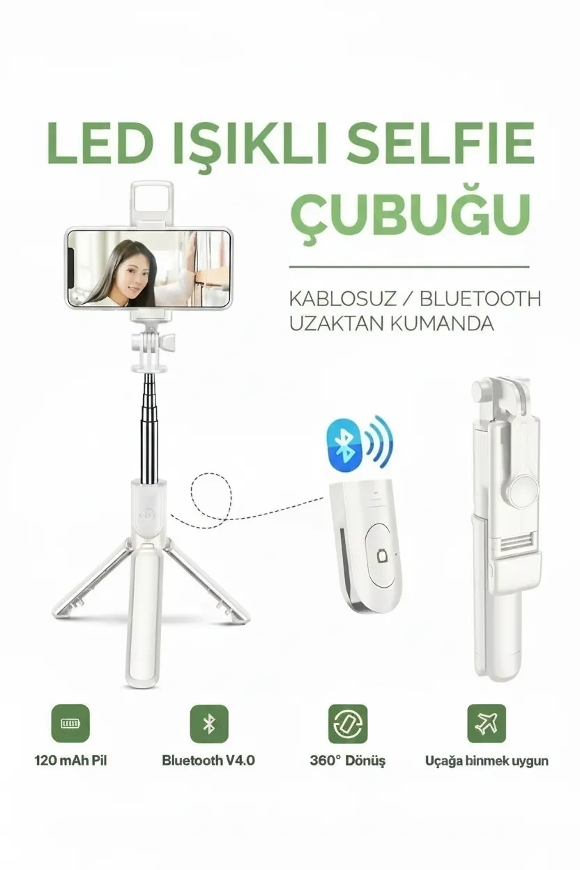 Led Işıklı Selfie Çubuğu Bluetooth Kumandalı Kablosuz Tripot Selfie Monopod Selfie Stick (Beyaz) ( Lisinya )