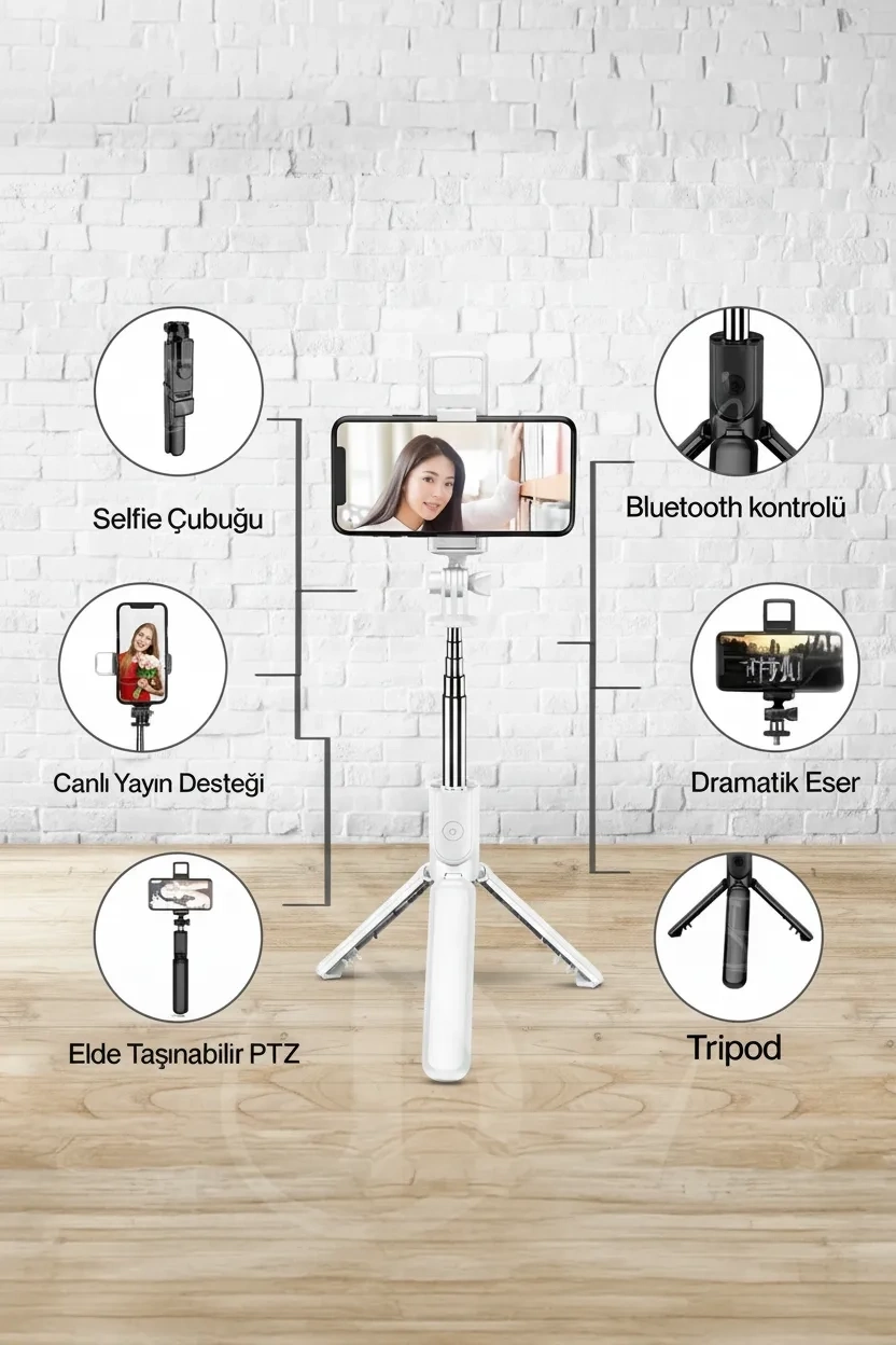 Led Işıklı Selfie Çubuğu Bluetooth Kumandalı Kablosuz Tripot Selfie Monopod Selfie Stick (Beyaz) ( Lisinya )
