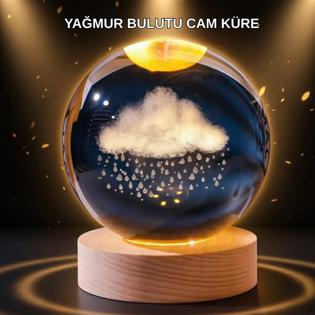 Led Sıcak Işıklı 3d Bulut Figürlü Kristal Küre Ahşap Standlı Gece Lambası ( Lisinya )