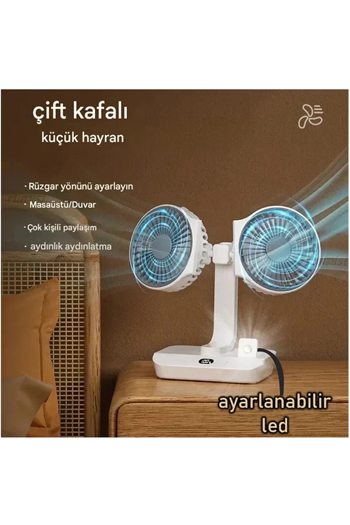 Masaüstü Dijital Ekranlı Çift Fanlı Led Işıklı Soğutucu Fan Ev Ofis Şarjlı Vantilatör ( Lisinya )