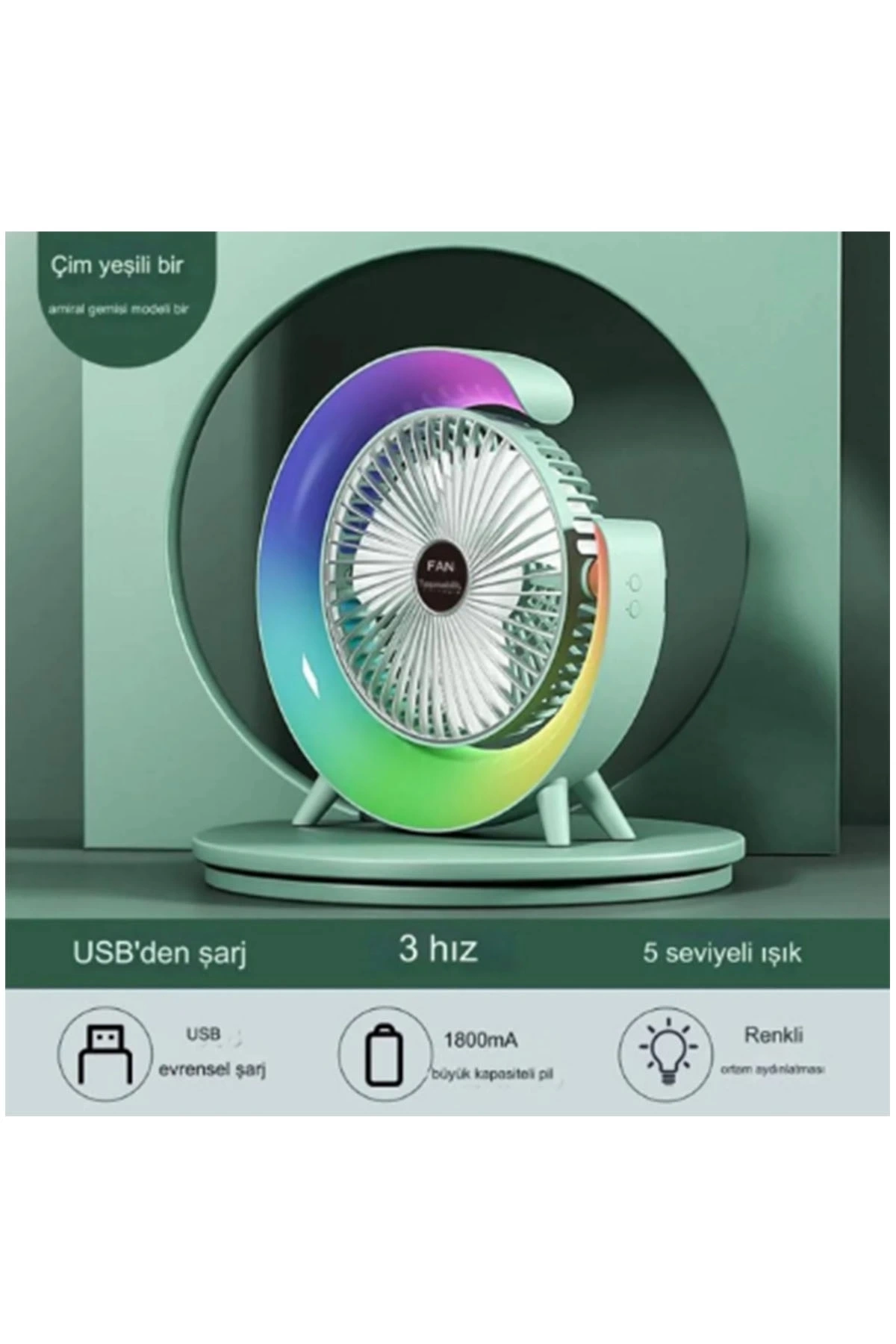 Masaüstü Vantilatör Usb Şarjlı Rgb Led Işıklı 3 Kademeli 180° Ayarlanabilir Soğutucu Fan Yeşil ( Lisinya )