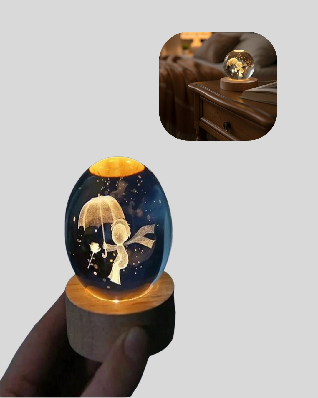 Masif Ahşap Standlı 3d Küçük Prens Kristal Top Usb Gece Lambası Sıcak Işık ( Lisinya )