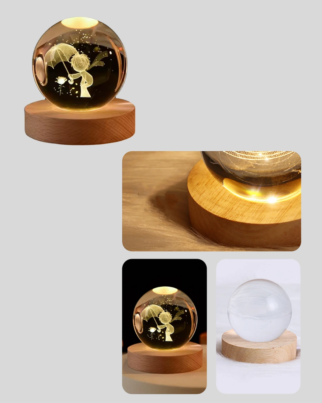 Masif Ahşap Standlı 3d Küçük Prens Kristal Top Usb Gece Lambası Sıcak Işık ( Lisinya )