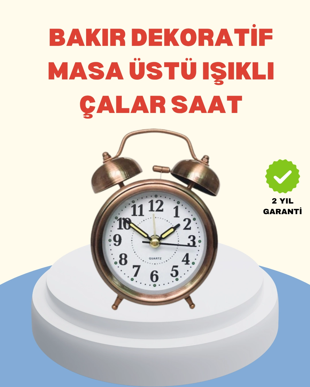 Metal Bronz Nostaljik Masa Saati Alarmlı Büyük Boy Sessiz Mekanizmalı ( Lisinya )