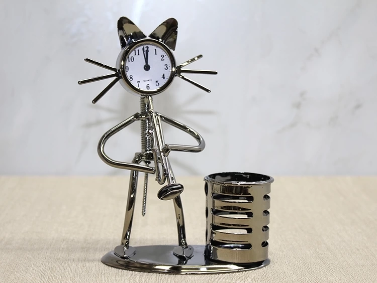 Metal Saksafon Çalan Kedi Müzisyen Saat Ve Kalemlik Alk4346 ( Lisinya )