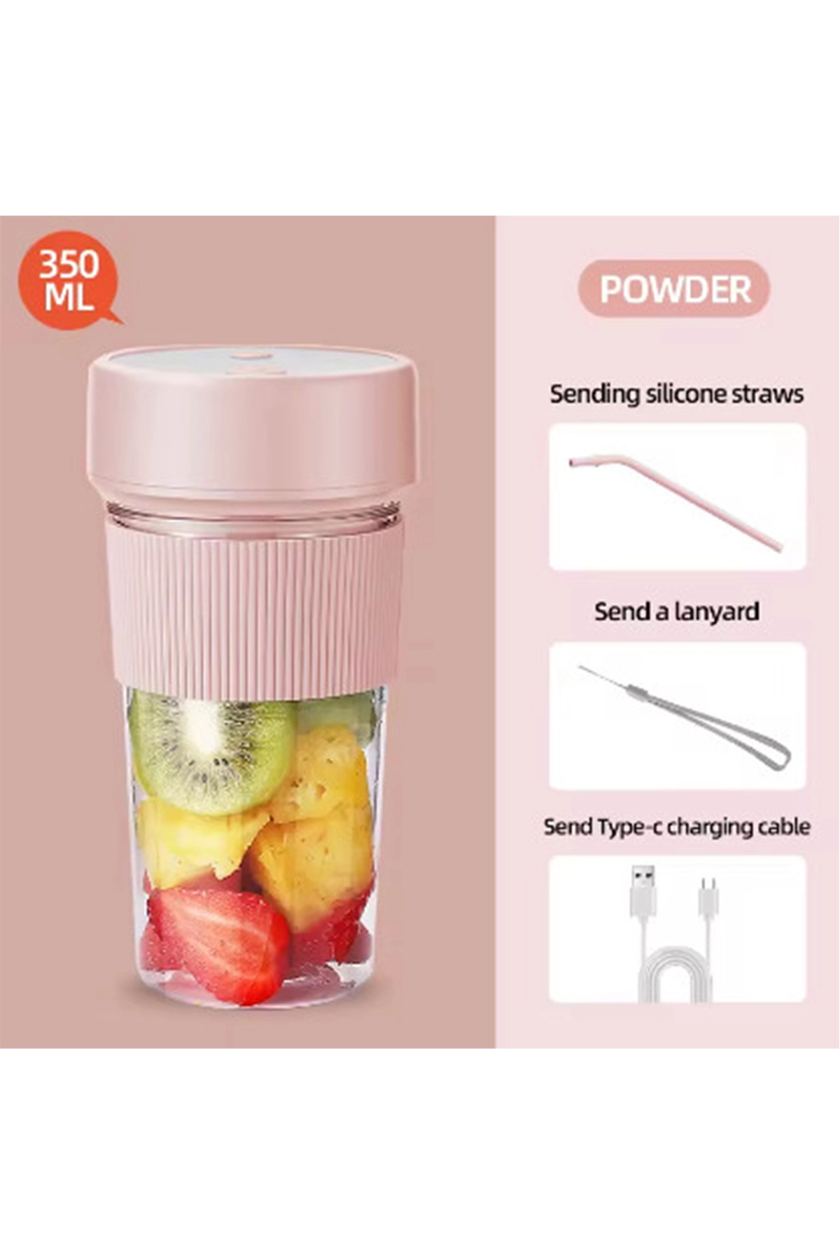 Mini Taşınabilir Mikser 350 Ml Smoothie Makinesi Meyve Sıkacağı Şarj Edilebilir Blender Pembe ( Lisinya )