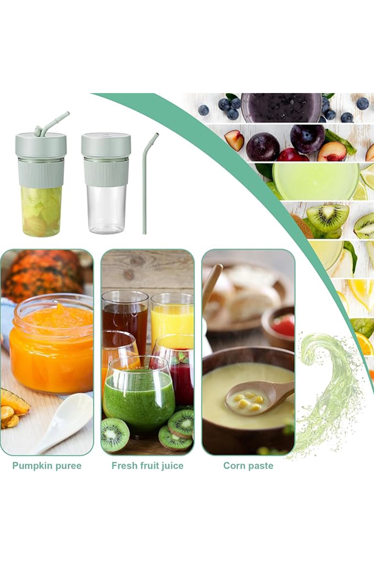Mini Taşınabilir Mikser 350 Ml Smoothie Makinesi Meyve Sıkacağı Şarj Edilebilir Blender Yeşil ( Lisinya )