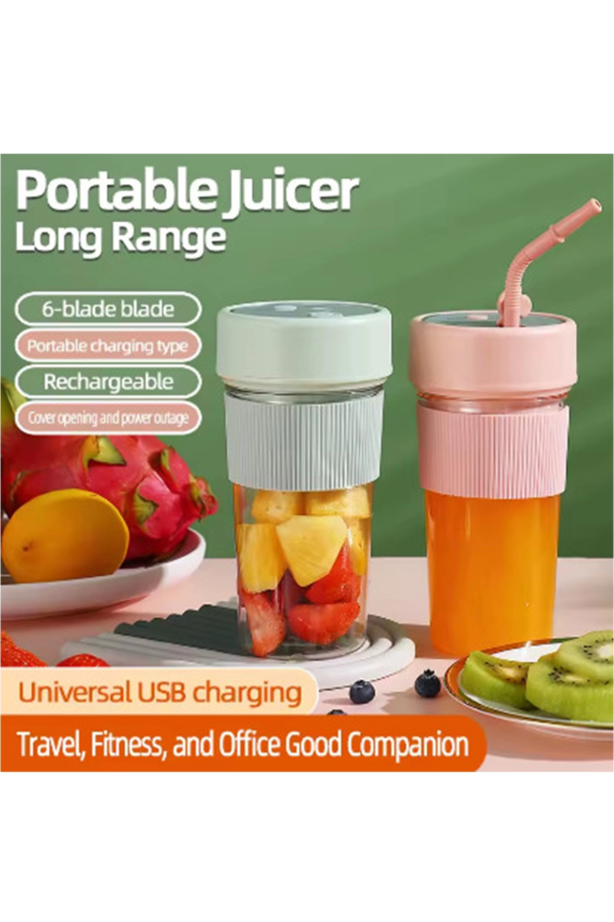 Mini Taşınabilir Mikser 350 Ml Smoothie Makinesi Meyve Sıkacağı Şarj Edilebilir Blender Yeşil ( Lisinya )