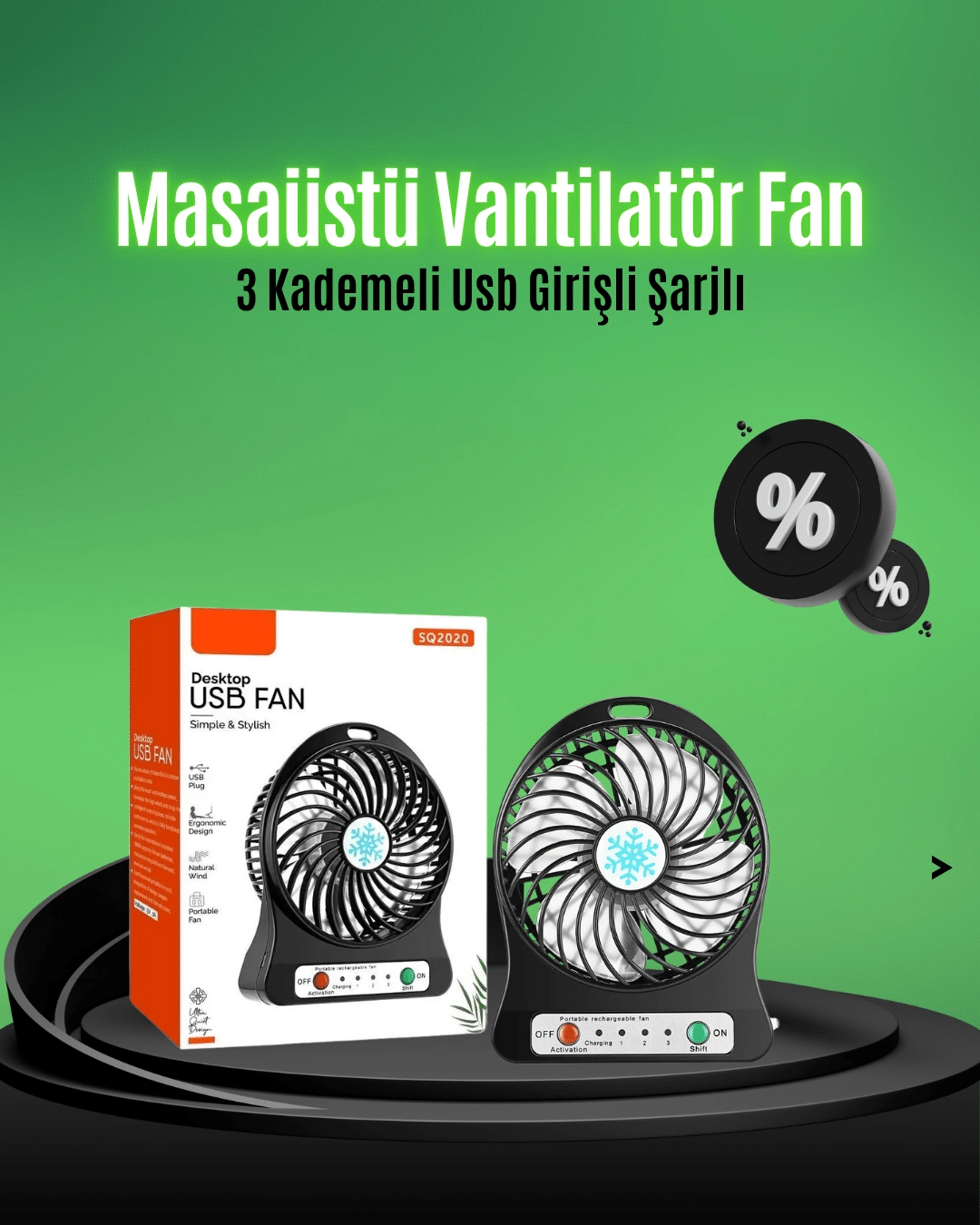 Mini Usb Fan – Şarj Edilebilir, Işıklı, 3 Kademe, Taşınabilir Masaüstü Vantilatör ( Lisinya )