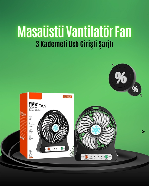 Mini Usb Fan – Şarj Edilebilir, Işıklı, 3 Kademe, Taşınabilir Masaüstü Vantilatör ( Lisinya )