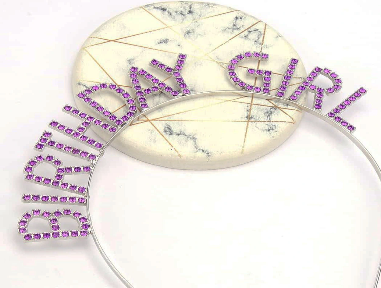 Mor Renk Kristal Taşlı Parlak Birthday Girl Yazılı Taç ( Lisinya )