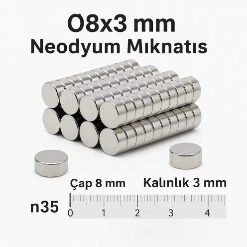 10 Adet 8x3mm Yuvarlak Neodyum Mıknatıs Güçlü Nikel Kaplamalı Kaliteli Dayanıklı Magnet ( Lisinya )