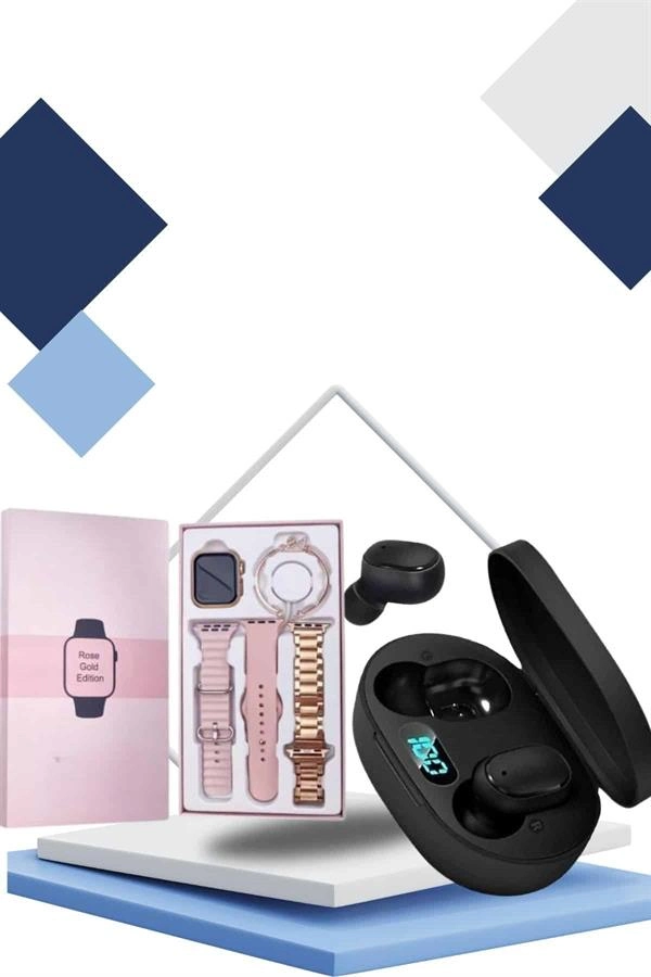 Nabız Ölçer Hediye Bileklikli Akıllı Saat Ve Dijital Göstergeli Bluetooth Kulaklık Çoklu Şarj Girişi ( Lisinya )