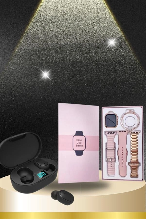 Nabız Ölçer Hediye Bileklikli Akıllı Saat Ve Dijital Göstergeli Bluetooth Kulaklık Çoklu Şarj Girişi ( Lisinya )