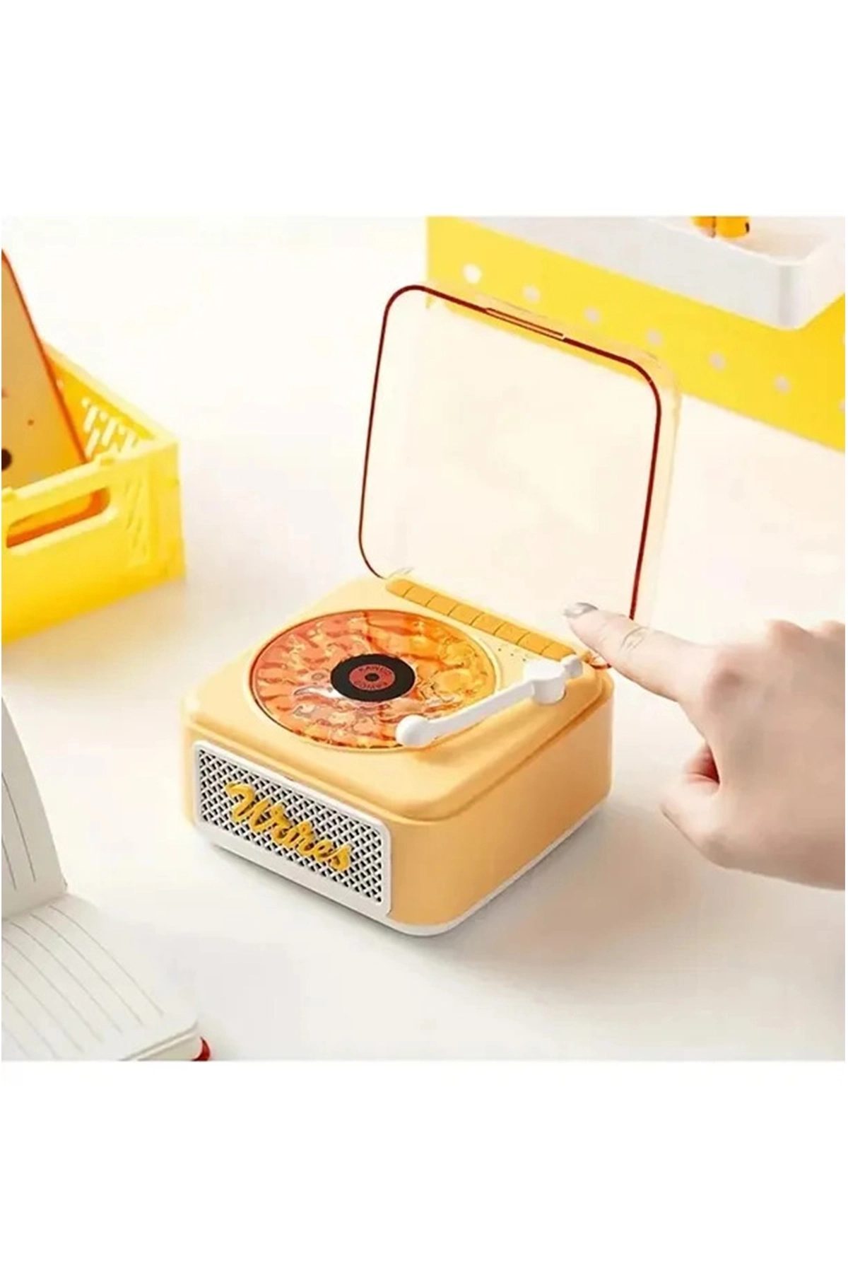 Nostalji Mini Plak Görünümlü Radyolu Bluetooth Hoparlör 3d Ses Dalgası Retro Müzik Plak Sarı ( Lisinya )