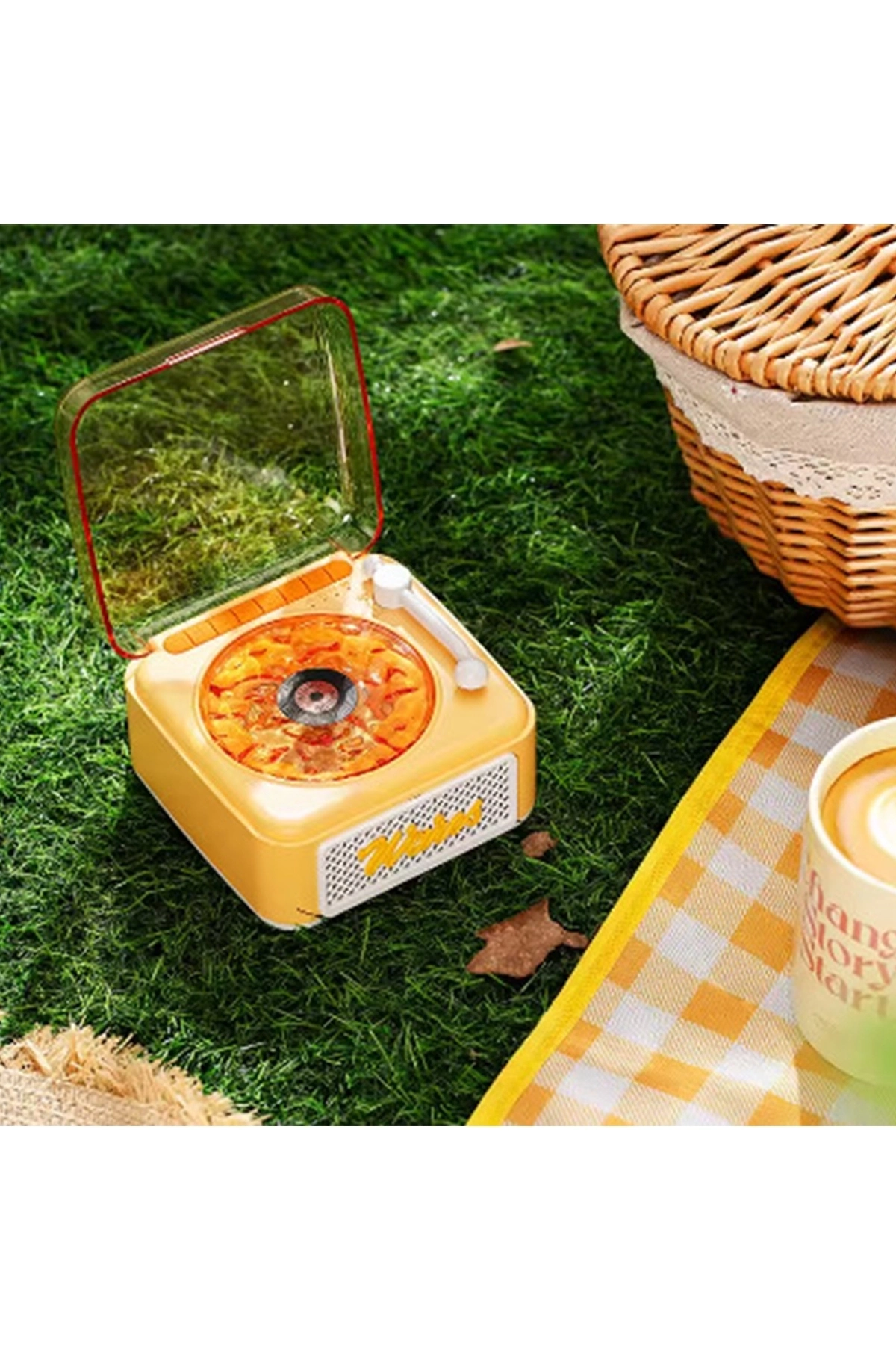 Nostalji Mini Plak Görünümlü Radyolu Bluetooth Hoparlör 3d Ses Dalgası Retro Müzik Plak Sarı ( Lisinya )