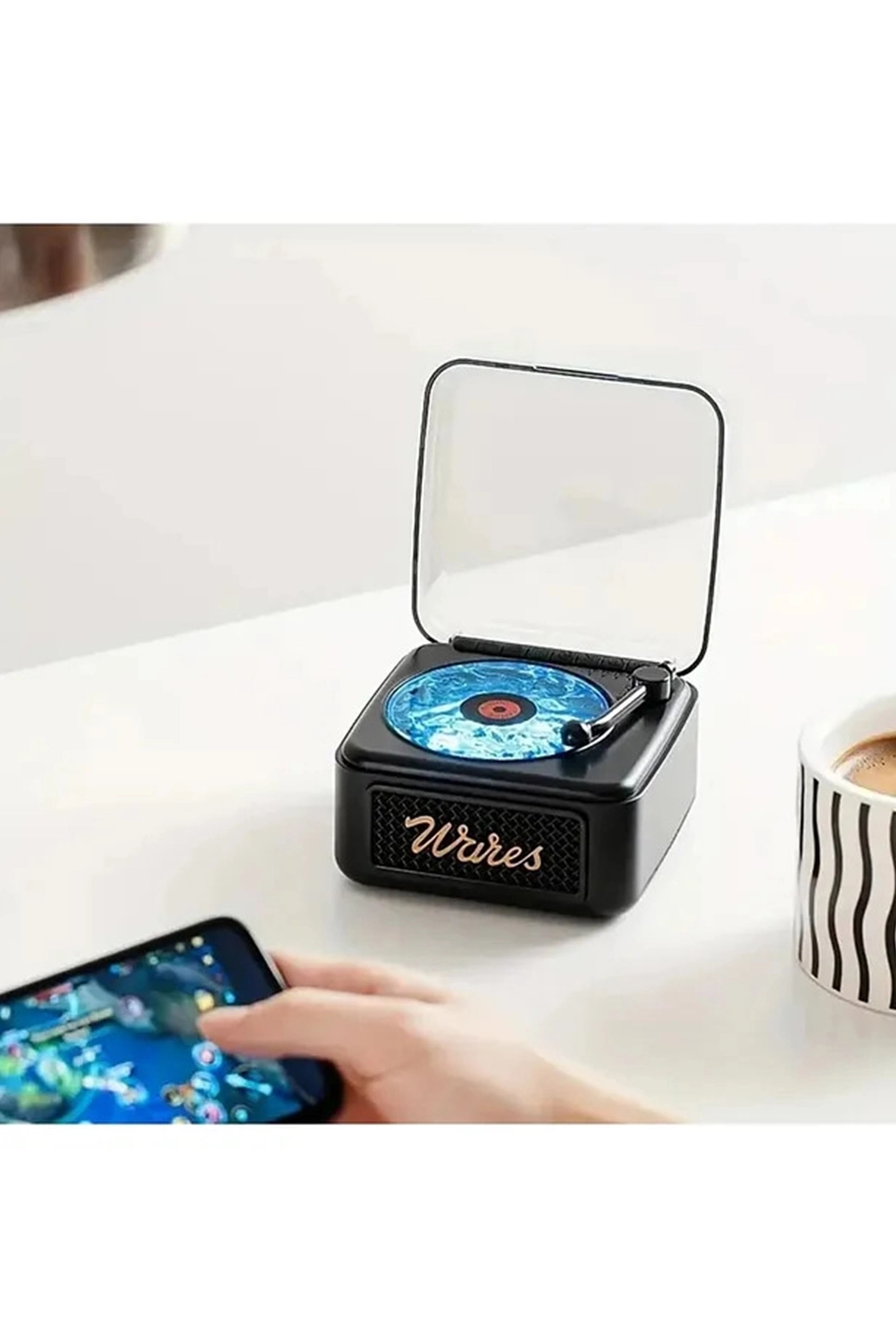 Nostalji Mini Plak Görünümlü Radyolu Bluetooth Hoparlör 3d Ses Dalgası Retro Müzik Plak Siyah ( Lisinya )